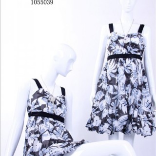 折扣女装批发特加依夏季大自然绿叶花纹吊带裙