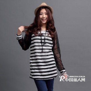 欧秀芭莎薄款条纹半透视长恤