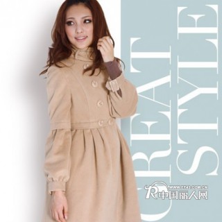 秋冬新款双排扣OL风立领高腰修身型大衣外套