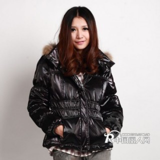 抽摺纳米亮面 加厚带帽毛领棉服棉衣