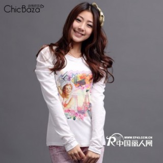 欧秀芭莎泡泡袖复古图案个性长 恤
