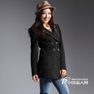 欧秀芭莎复古风垫肩翻领双排扣西装外套