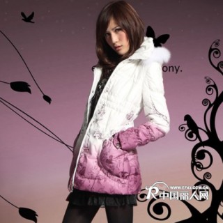 冬季新款立领修身型带帽渐变色中长款羽绒服