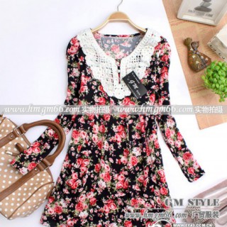 淑女连衣裙批发深圳长袖连衣裙批发田园风碎花连衣裙批发裙子批发