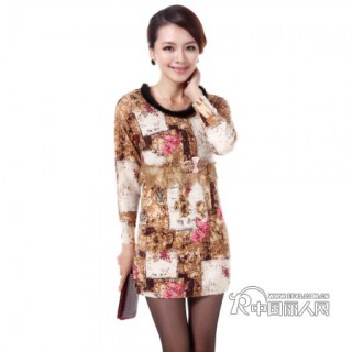 厂家直销秋冬新款中老年女装毛领复古印花秋冬针织羊毛连衣裙批发