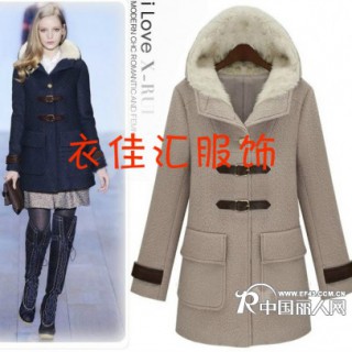 最热销女士新款皮衣批发欧美中长款连帽呢大衣毛呢外套厂家直销