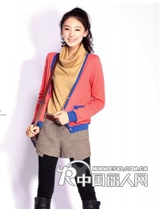 V领撞色外套开衫磨毛羊绒小外套批发