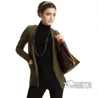 针织衫 女 开衫 秋纯色V领美肩章针织外套