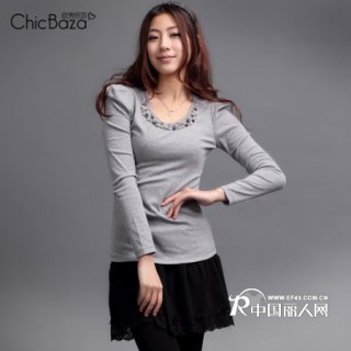 优雅钉钻收身圆领恤