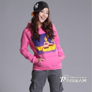 粉色纯棉连帽宽松款印花休卫衣