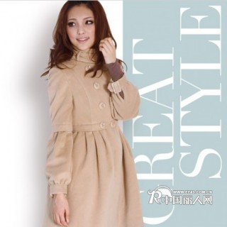 秋冬新款双排扣OL风立领高腰修身型大衣外套