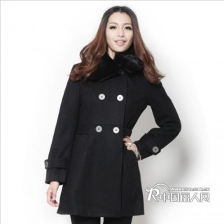 冬兔毛领双排扣修身型羊毛呢大衣外套