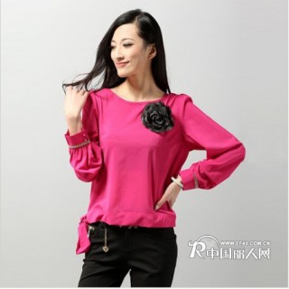 2012春装 袖口烫钻甜美装饰配花长袖雪纺上衣 6G1200C-1