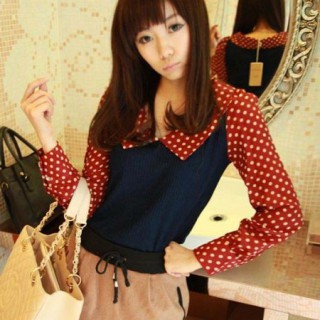 复古小翻领拼接雪纺针织衫日韩最新时尚女装低价厂家直销