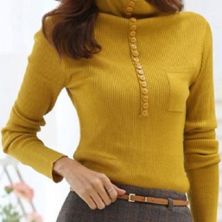 时尚品牌女装 韩版装饰扣高领打底衫