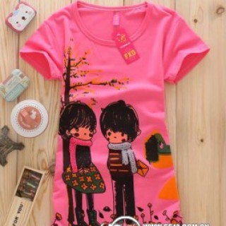 时尚韩版中长款修身女装树下情侣绣花短袖T恤批发