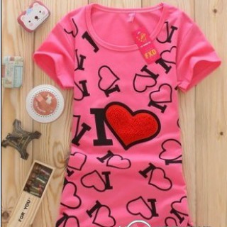 工厂直营韩版中长款浪漫心型绣花+印花图纯棉T恤