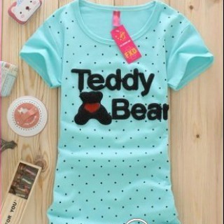 厂家直营韩版纯棉英文+小熊绣花图短袖圆领T恤