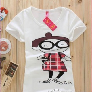 韩版纯棉潮流眼镜女孩印花女装短袖T恤厂家批发