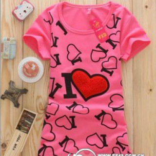 服装批发浪漫心型绣花加印花图中长款韩版纯棉T恤批发