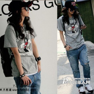 卡通女装批发纯色女式T恤批发圆领中长款短袖T恤情侣装李孝利T