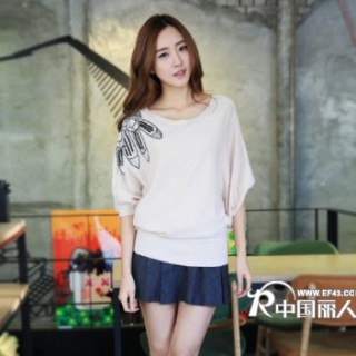 2014新款欧尚乐品女装宽松亮片七分袖针织衫