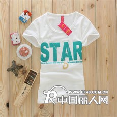 经典白色印花 绣花女式短袖纯棉T恤批发