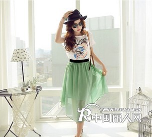 欧尚乐品甜美清新拼接雪纺短袖连衣裙