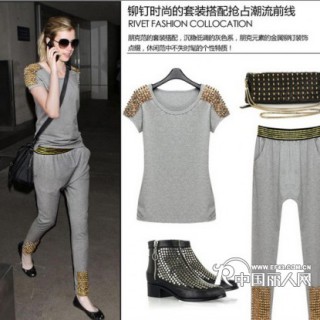 2014春季欧美拼接立体装饰金属铆钉两件 热销夏季套装批发