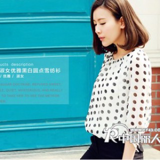 欧尚乐品淑女优雅黑白圆点蝴蝶结雪纺衫