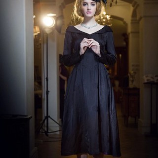 欧尚乐品桑蚕丝V领典雅黑色公主裙