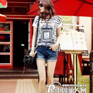 欧尚乐品宽松圆领中长款时尚印花T恤