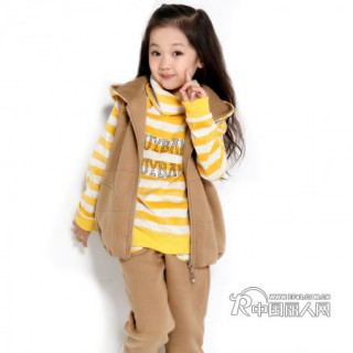 开心e百女童春装2014新款 韩版双排扣纯色长袖木耳边外套学