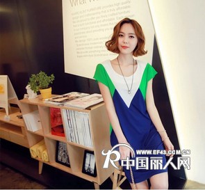 欧尚乐品夏款宽松撞色拼接风格连衣裙