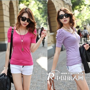 新款服装 纯色韩版女式短袖泡泡袖t恤 圆领时尚衣服批发