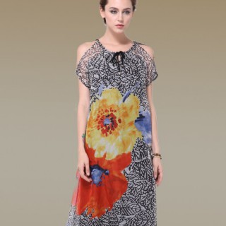 GUCIUME女装连衣裙2014新款夏欧美V领真丝连衣裙批发