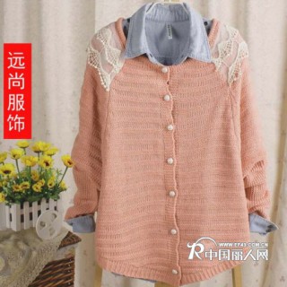 珍珠扣果色牛仔假两件套毛衣简单大方薄款毛衣批发