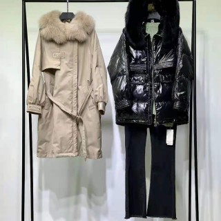 华景国际品牌折扣女装狐狸大毛领白色鹅绒大山羽绒服  批发走份