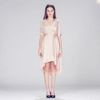 粉色气质名媛款不规则连衣裙 中长裙 轻奢个性知性