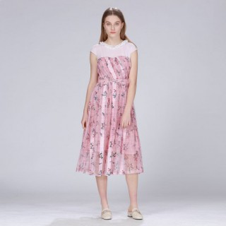 粉色碎花圆领短格子百褶裙气质名媛通勤中长裙现货