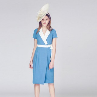 宴会晚会连衣裙抽褶腰带收腰气质中裙商务西装领