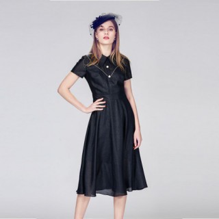 黑色气质高雅赫本风连衣裙翻领短袖收腰百褶裙