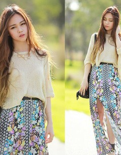 裙子的搭配-长裙+针织衫搭配