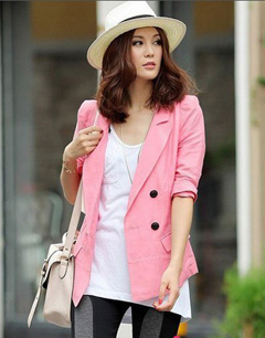 双排扣粉色耸肩修身小西装