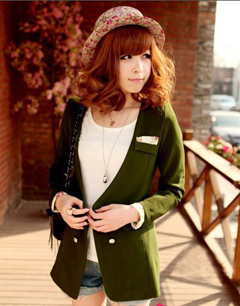 墨绿色的单纽扣无领小西装