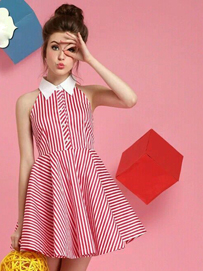 娃娃领露肩条纹A字摆